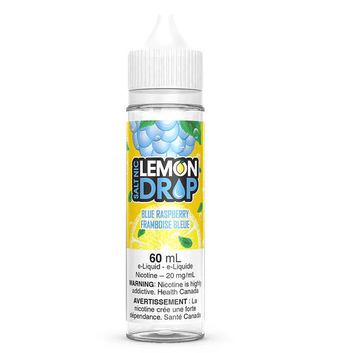 A bottle of Lemon Drop e-liquid with a label indicating Blue Raspberry flavor, 60ml size, with a nicotine strength of 20mg/ml.