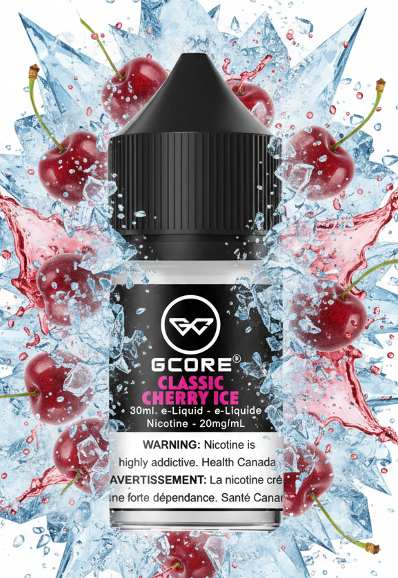 A 30ml bottle of G-Core Classic Cherry Ice e-liquid, featuring a black cap and a black label with pink and white text, set against a plain white background.