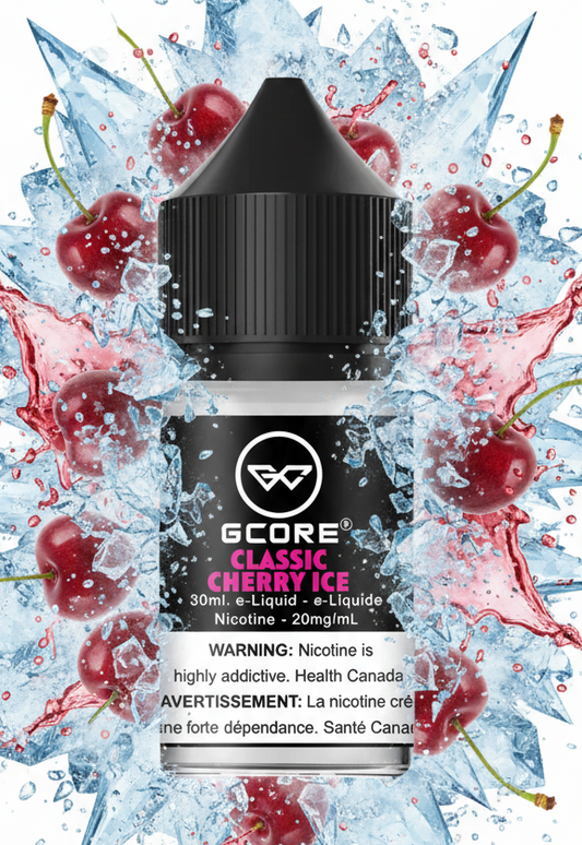 A 30ml bottle of G-Core Classic Cherry Ice e-liquid, featuring a black cap and a black label with pink and white text, set against a plain white background.